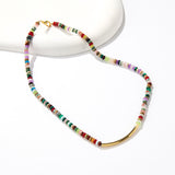 16" Bohemian Multi Natural Stones Beaded Necklace, Gold Tube, Handmade Boho Jewelry AL737
