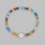 Shambhala Bohemian Rainbow Glass Quartz Beads White Shell Letter Stretch Bracelet, Handmade Boho Jewelry AL743