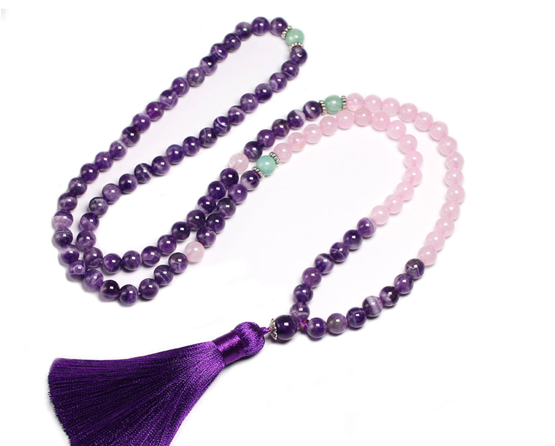 Gradient Color 108 Mala Beads Gemstone Tassel Necklaces, 8mm Rose Quartz Amethyst Lapis Lazuli African Turquoise Beads Bracelet, Handmade Healing Jewelry AL635 