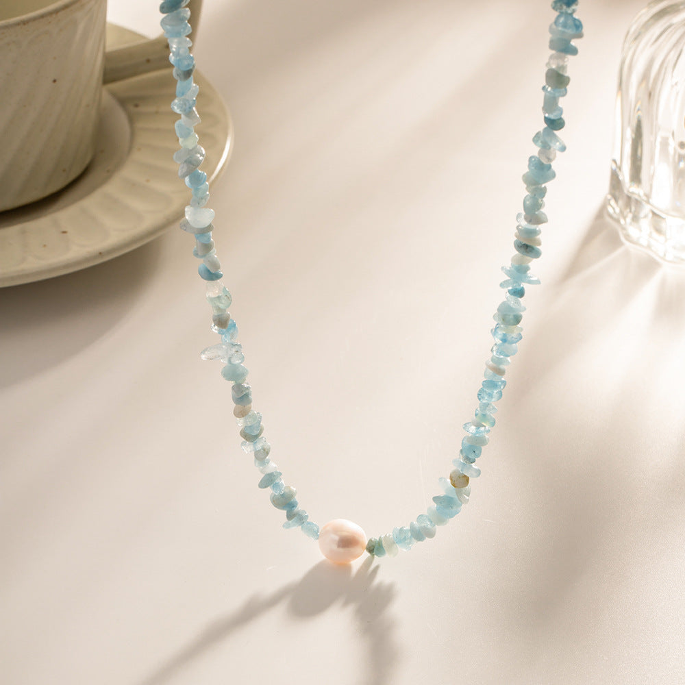 Raw Aquamarine Chips Pearl Beaded Necklace, Handmade Boho Summer Jewelry AL682, gemstone bead jewelry