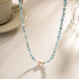 Raw Aquamarine Chips Pearl Beaded Necklace, Handmade Boho Summer Jewelry AL682