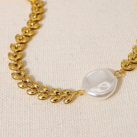 Natural Fresh Water Pearl Coin Bracelet, Gold Titanium Steel Chevron Chain, Boho Jewelry AL724
