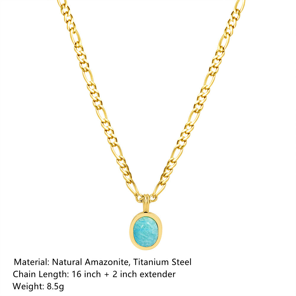 Bohemian Oval Natural Amazonite Stone Pendant Necklace, Gold Titanium Steel Necklace AL714