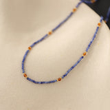 Skinny Natural Sky Blue Sodalite Stone Faceted Beads Necklace, Titanium Steel in 18k Gold Plated, Boho Jewelry AL722