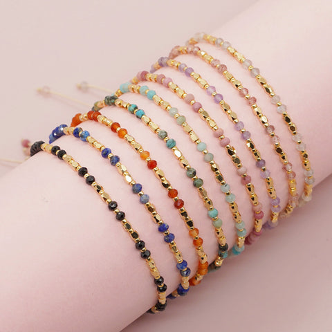 Bohemian Skinny Natural Stones & Miyuki Beads Bracelet, Adjustable, 2.5~3mm Faceted Quartz, Handmade Boho Jewelry AL738