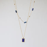 16" Stainless Steel Gold Rectangle Natural Lapis Lazuli Stone Charm Necklace AL833