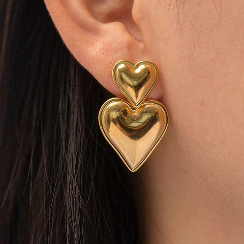 Plump Gold Double Heart Dangel Earrings, Titanium Steel Earrings, Love Fashion Jewelry AL692