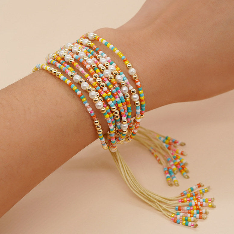 Bohemian 10-Layers Miyuki Beads Bracelet, imitation Pearl, Adjustable, Handmade Boho Summer Jewelry AL674