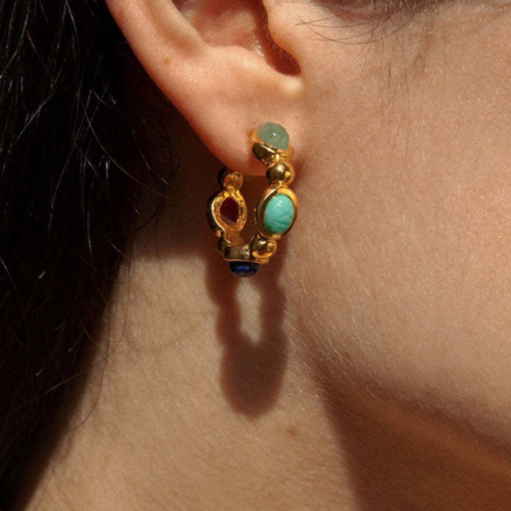 Unique Gold Rainbow Natural Stones Round Stud Earrings, Circle Titanium Steel Earrings Jewelry AL706