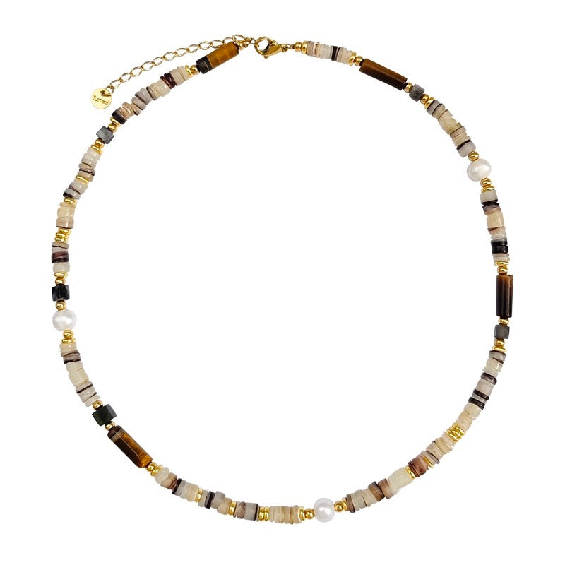 Bohemian Natural Agate Tiger's Eye Stone Pearl Beaded Necklace Titanium Steel, Handmade Jewelry AL812