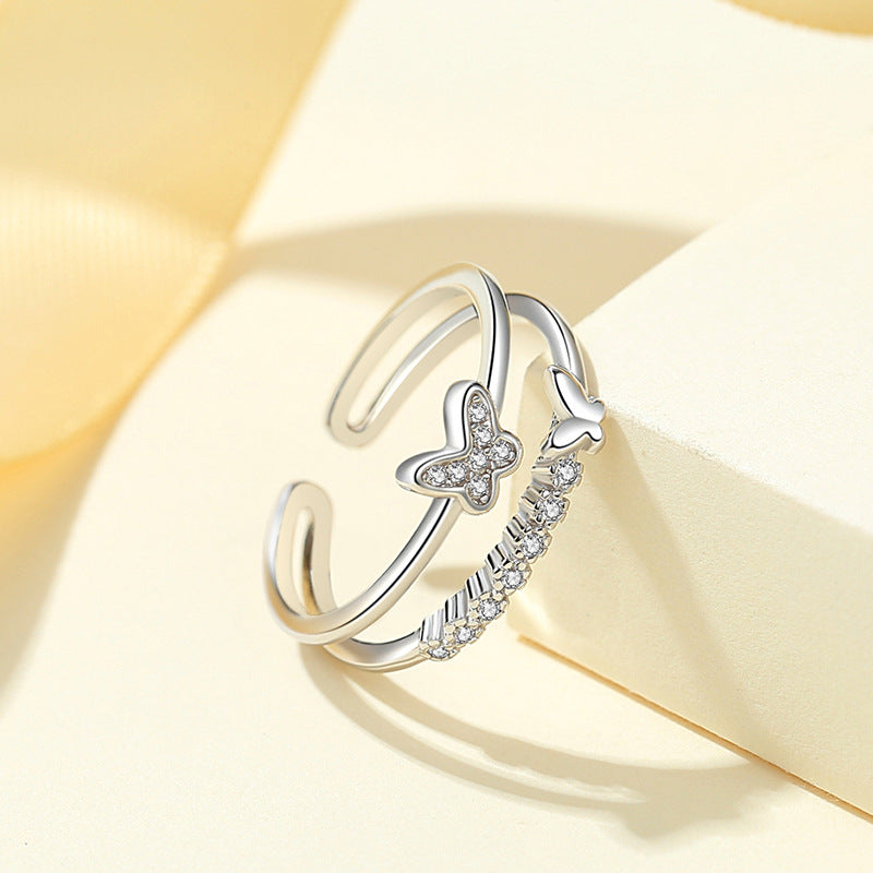 925 Sterling Silver Double Butterfly Zircon Ring Fashion Jewelry AL782