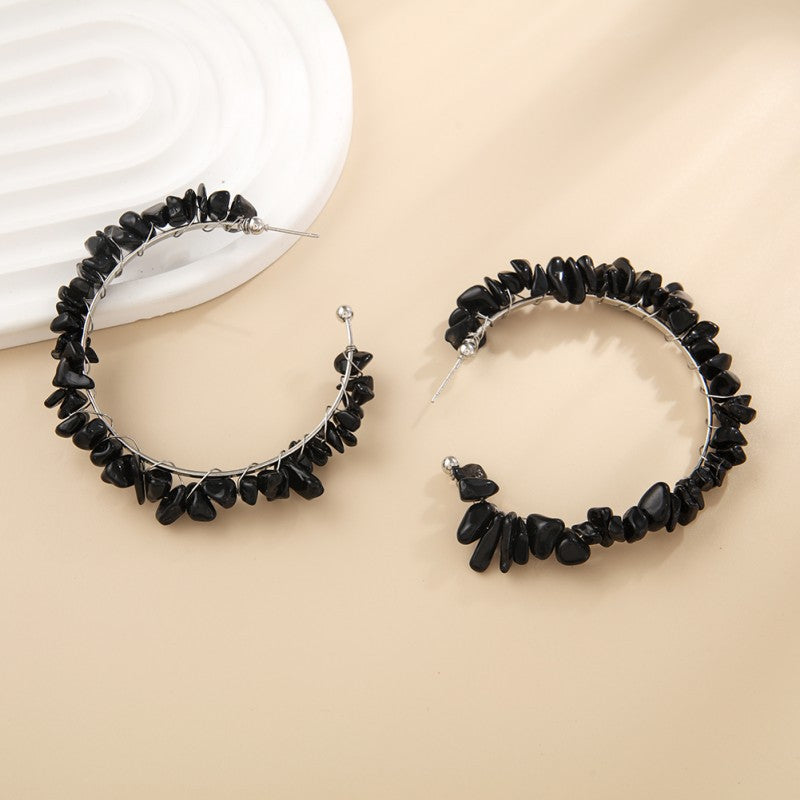Silver Crystal Chips Big Hoop Earrings, Black Agate Turquoise Circle Earring, Handmade Boho Jewelry AL636