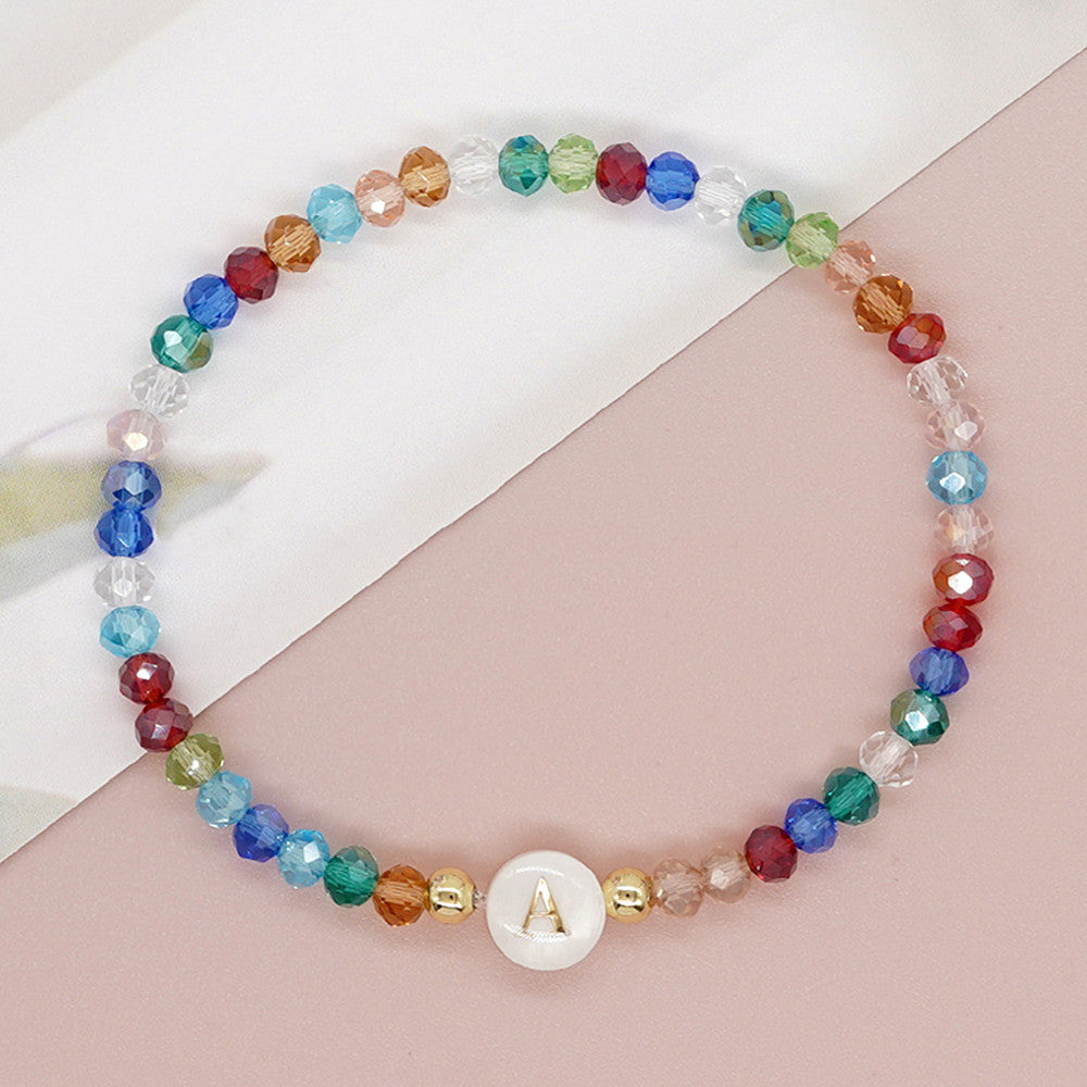 Shambhala Bohemian Rainbow Glass Quartz Beads White Shell Letter Stretch Bracelet, Handmade Boho Jewelry AL743