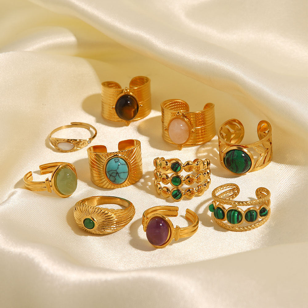 Retro Gold Titanium Steel Multi-Kind Gemstone Ring, Open Crystal Ring Boho Jewelry AL661