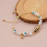 Gold Cowrie Shell Bracelet, Glass Eyes & White Jade Chips Beads, Boho Jewelry Handmade AL652