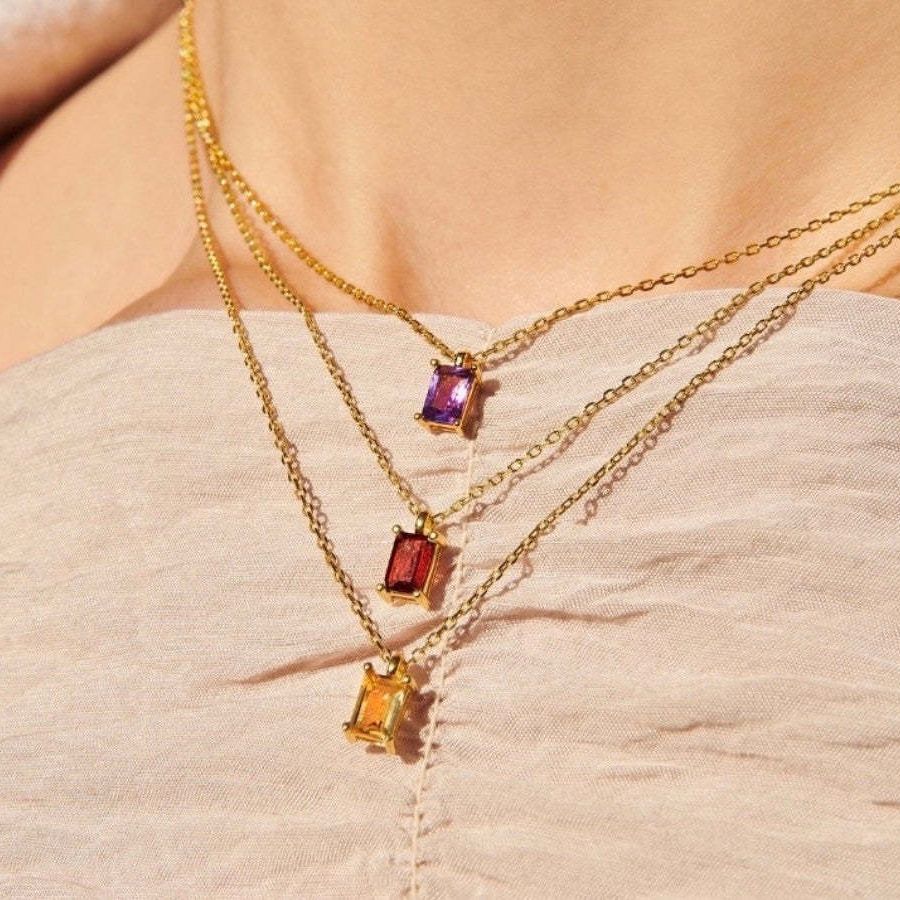 Small Rectangle Birthstone Pendant Necklace, Rainbow Zircon Necklace, Stainless Steel in 18K Gold Plated, Fashion Simple Jewelry AL828