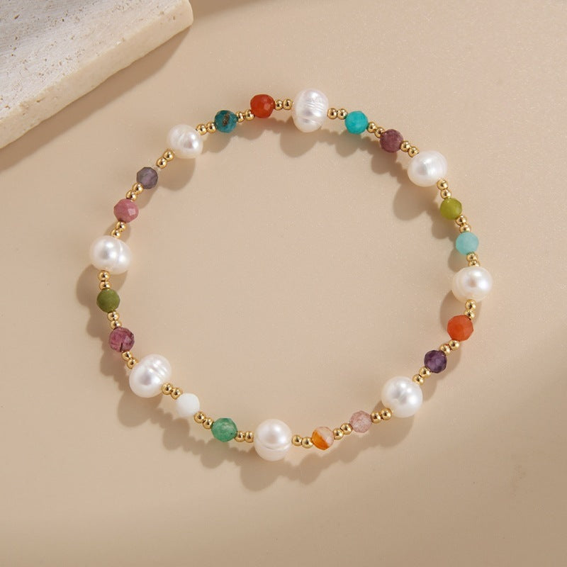 Rainbow Multi Natural Stones Freshwater Pearl Bracelet, Crystal Quartz Beads, Boho Jewelry AL734