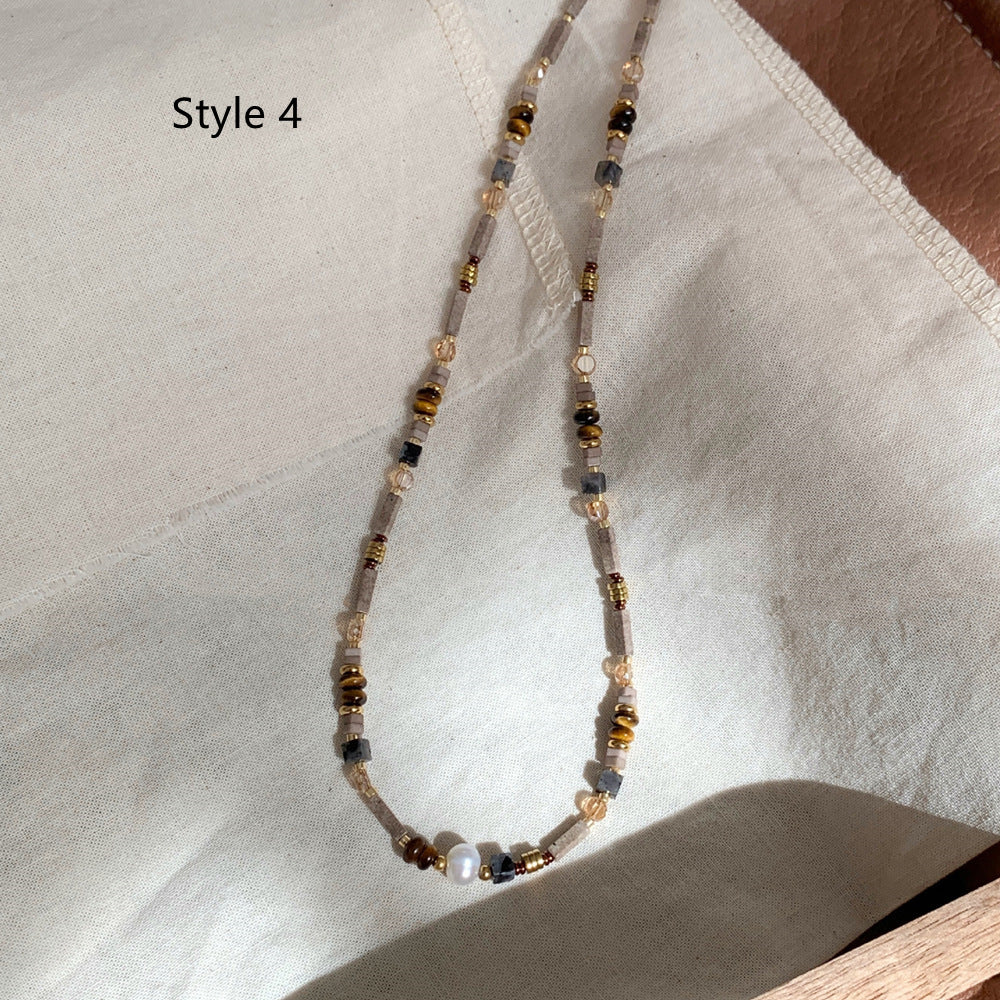 Bohemian Tiger's Eye Natural Stones & Miyuki Beaded Choker Necklace, Handmade Boho Winter Maillard Jewelry AL799