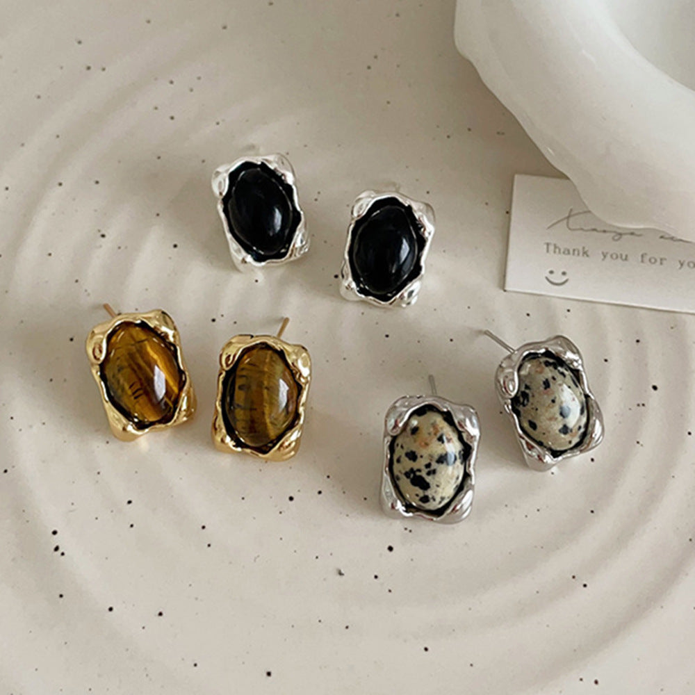 Irregular Gold Plated Oval Tigere's Eye Natural Stone Stud Earrings, Simple Gemstone Jewelry AL800