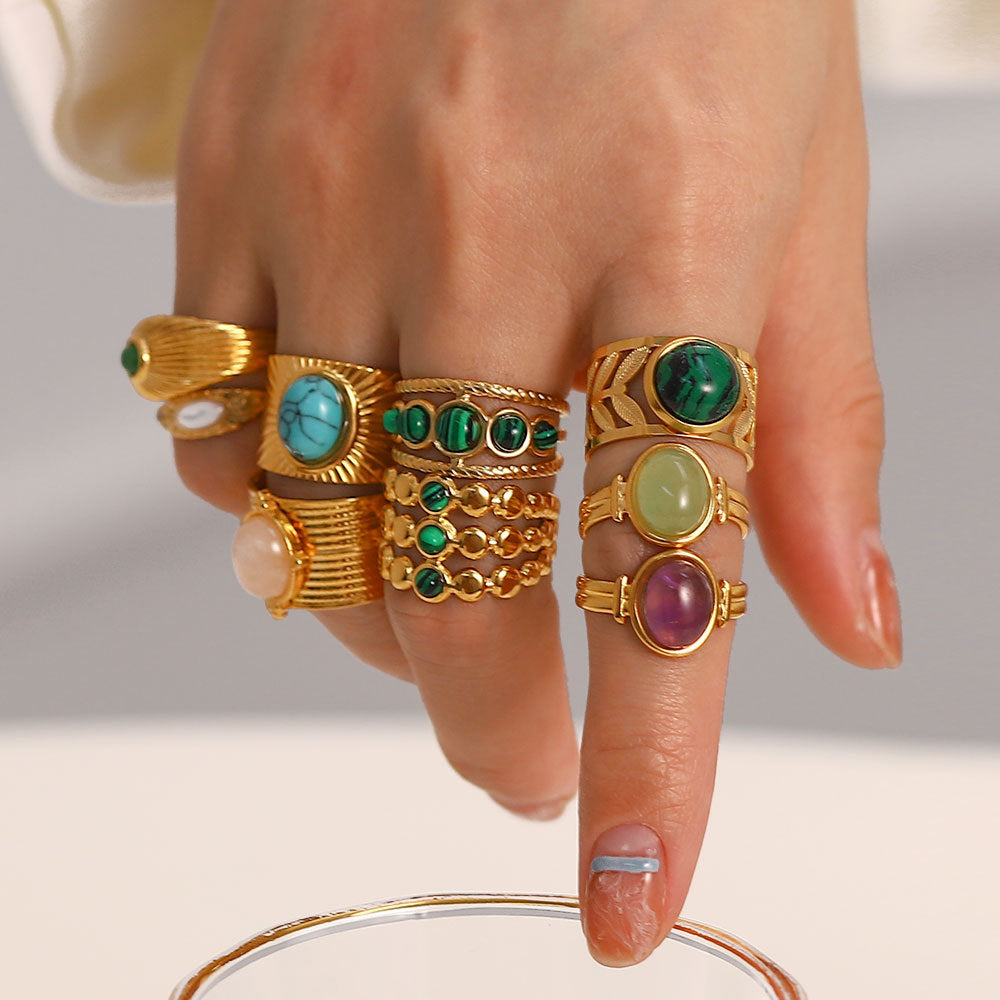 Retro Gold Titanium Steel Multi-Kind Gemstone Ring, Open Crystal Ring Boho Jewelry AL661