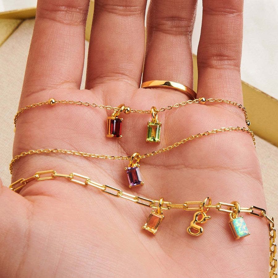 Small Rectangle Birthstone Pendant Necklace, Rainbow Zircon Necklace, Stainless Steel in 18K Gold Plated, Fashion Simple Jewelry AL828