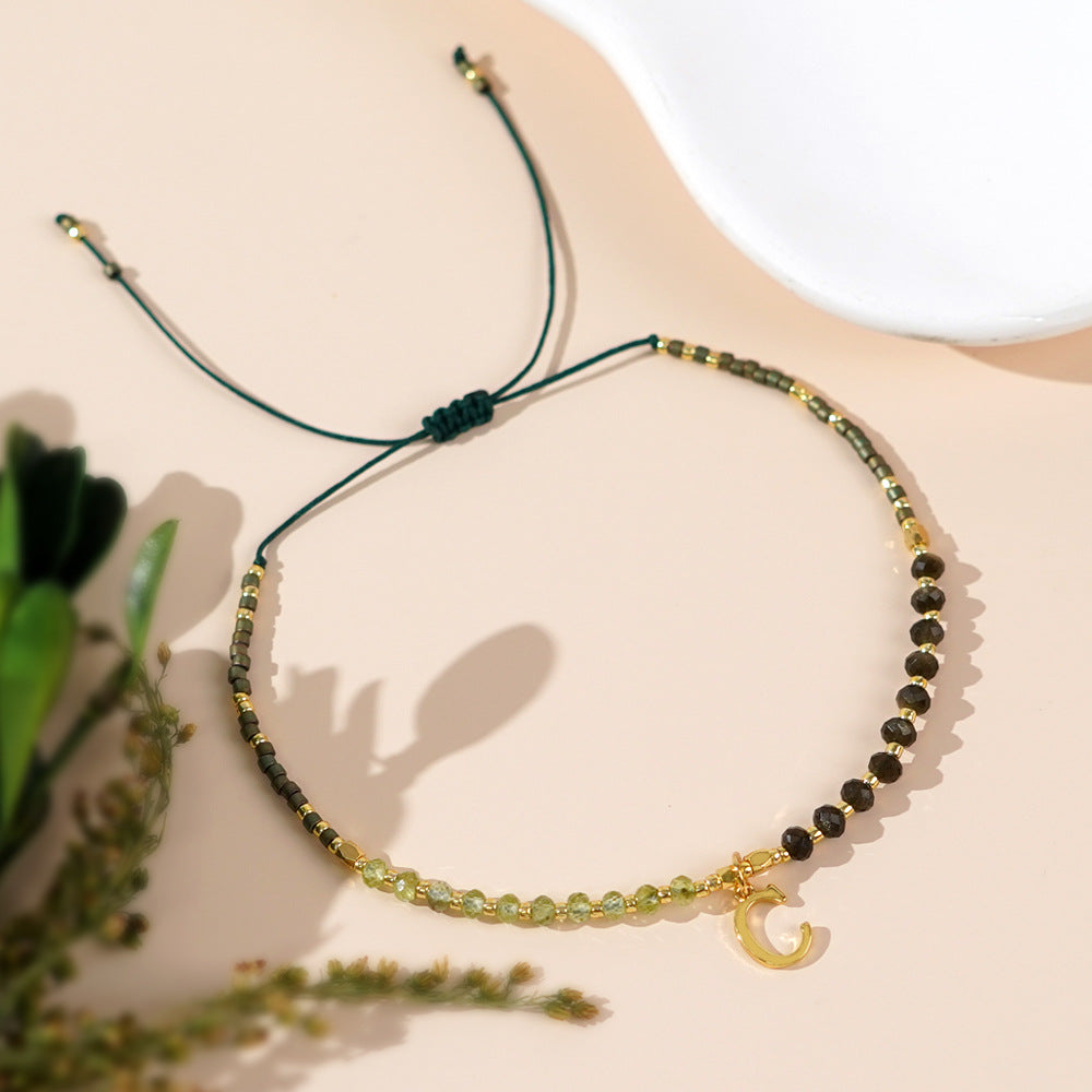 Bohemia Skinny Letter Green Natural Stones & Miyuki Beads Bracelet, Handmade Boho Summer Jewelry AL826