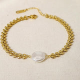 Natural Fresh Water Pearl Coin Bracelet, Gold Titanium Steel Chevron Chain, Boho Jewelry AL724