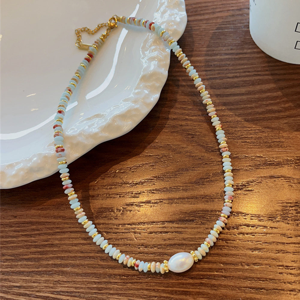Natural Shushan Stone Baroque Freshwater Pearl Beaded Necklace, Titanium Stainless Steel, Handmade Boho Jewelry AL732