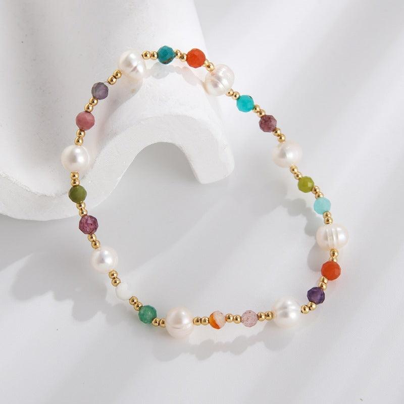 Rainbow Multi Natural Stones Freshwater Pearl Bracelet, Crystal Quartz Beads, Boho Jewelry AL734