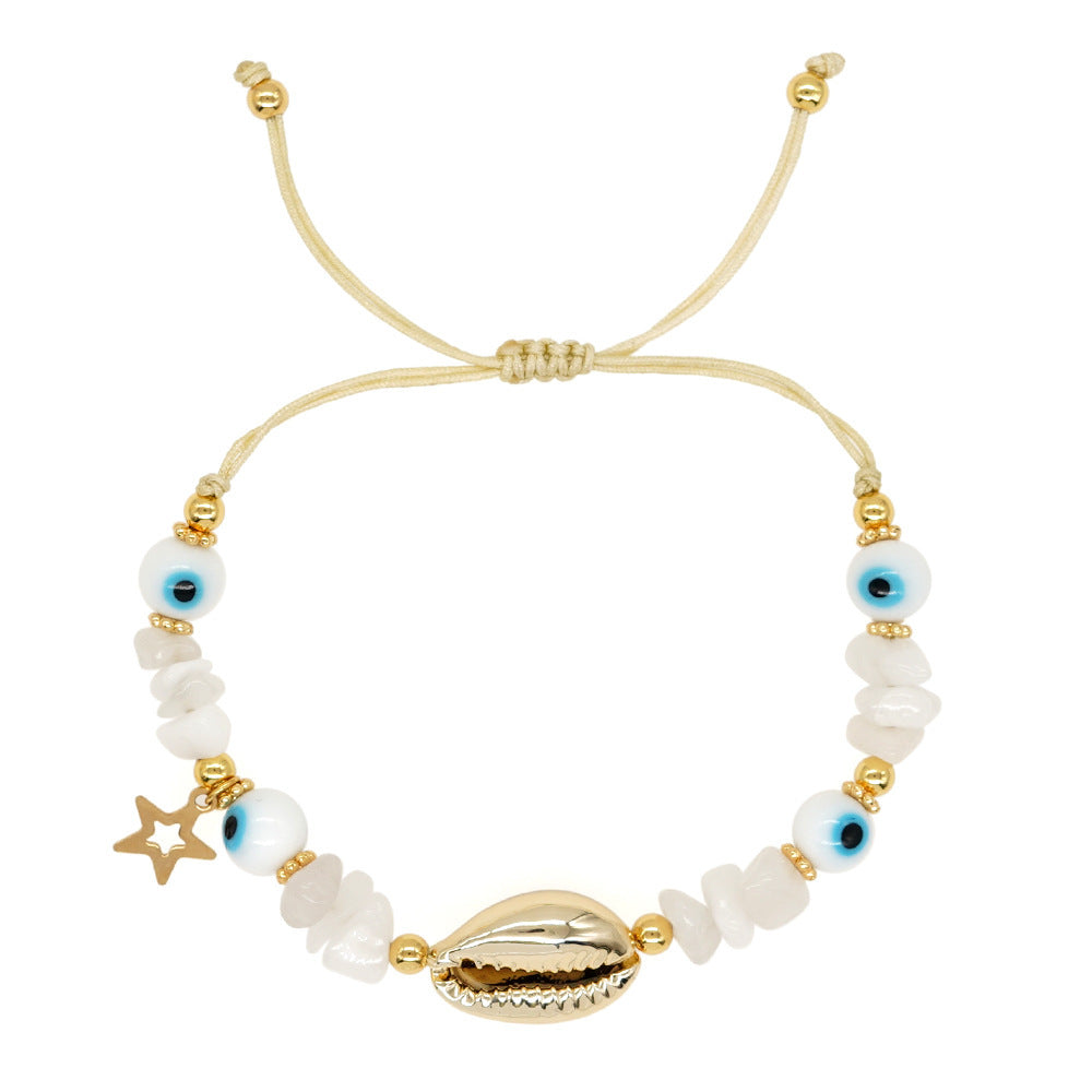 Gold Cowrie Shell Bracelet, Glass Eyes & White Jade Chips Beads, Boho Jewelry Handmade AL652