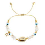 Gold Cowrie Shell Bracelet, Glass Eyes & White Jade Chips Beads, Boho Jewelry Handmade AL652