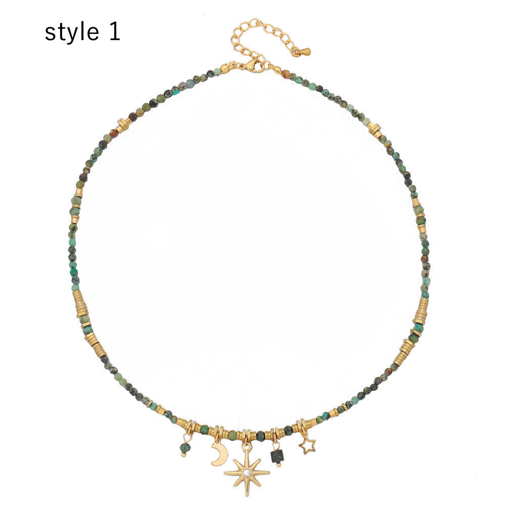 Bohemia Gold Sequin Coin African Turquoise Natural Stones Hematite Beads Sun Star Moon Necklace AL770