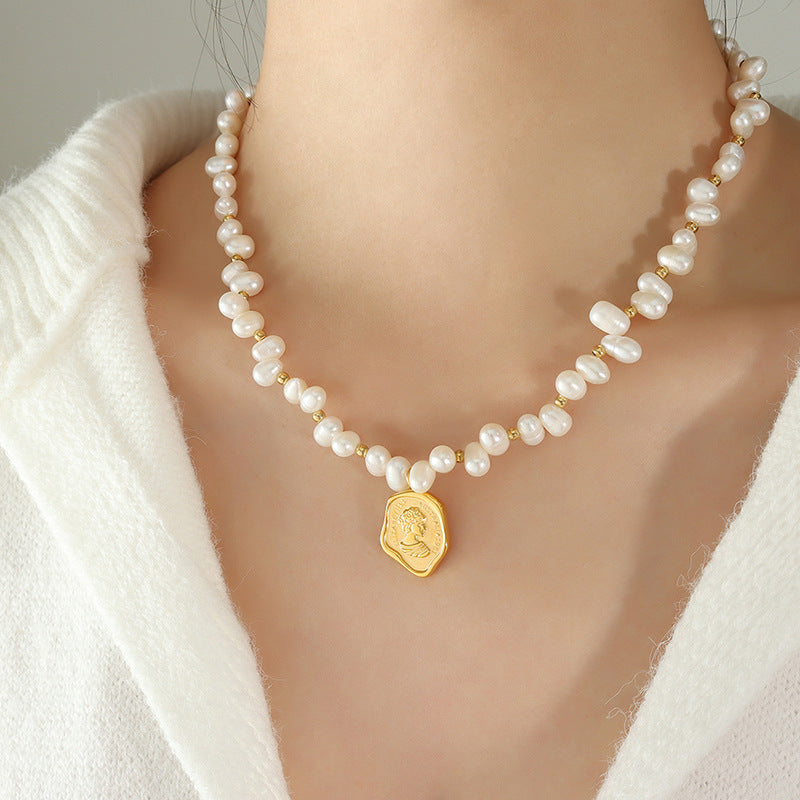 Bohemian Gold Irregular Portrait Fresh Water Pearl Necklace, Titanium Stainless Steel Boho Jewelry AL742