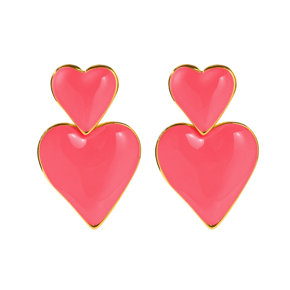 Polish Gold/Silver Double Heart Dangel Earrings, Titanium Steel Earrings, Love Fashion Jewelry AL692 red heart earrings