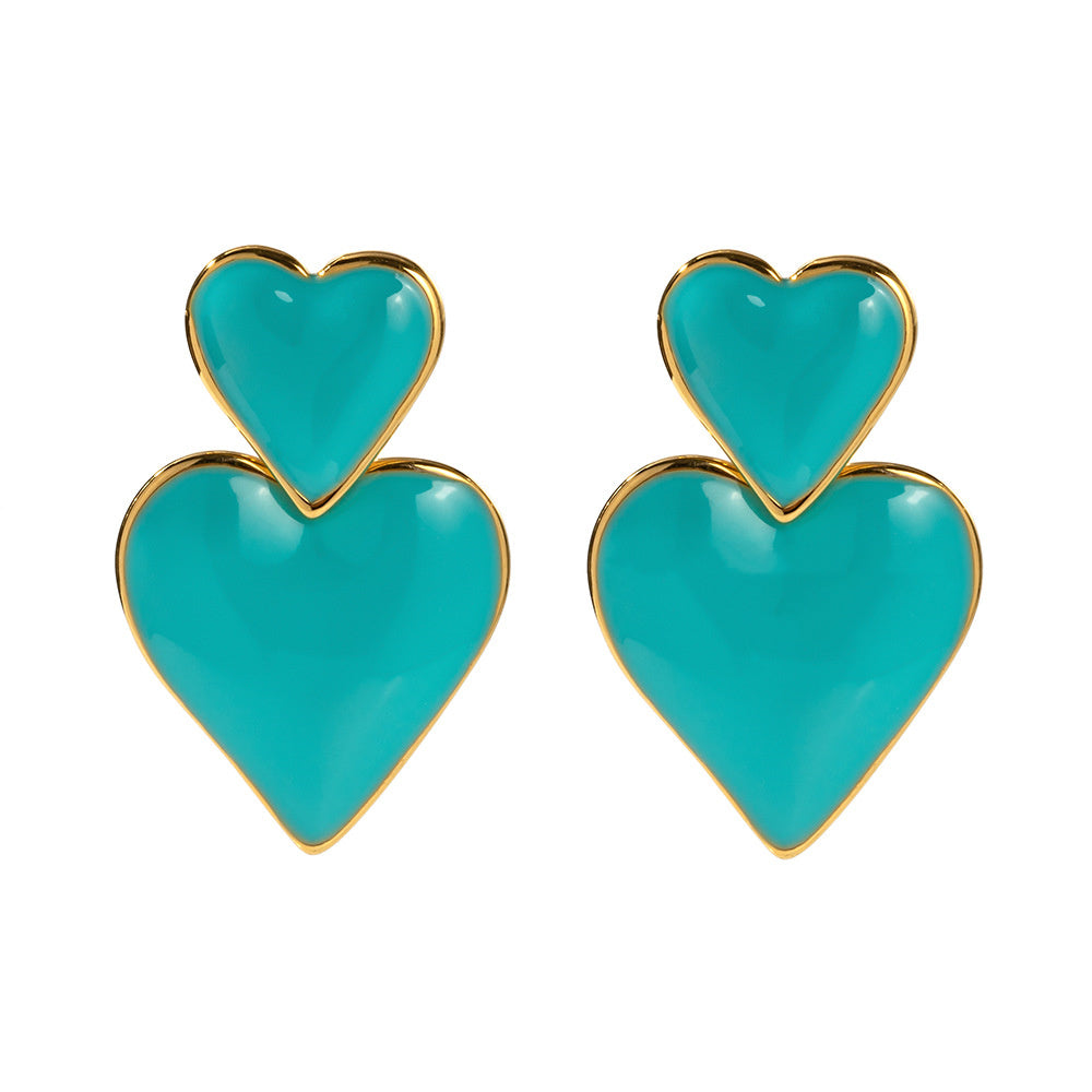 Polish Gold/Silver Double Heart Dangel Earrings, Titanium Steel Earrings, Love Fashion Jewelry AL692 blue heart earrings