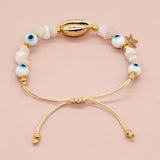 Gold Cowrie Shell Bracelet, Glass Eyes & White Jade Chips Beads, Boho Jewelry Handmade AL652