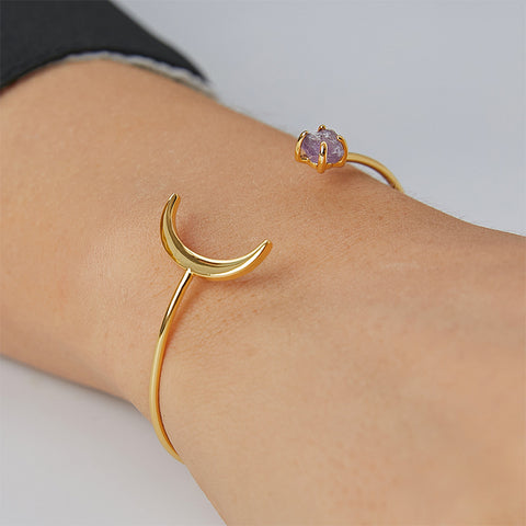 Gold Plated Star Moon Cuff Bracelet, Raw Amethyst Quartz, Adjustable Open Bracelet, Fashion Gemstone Jewelry AL727