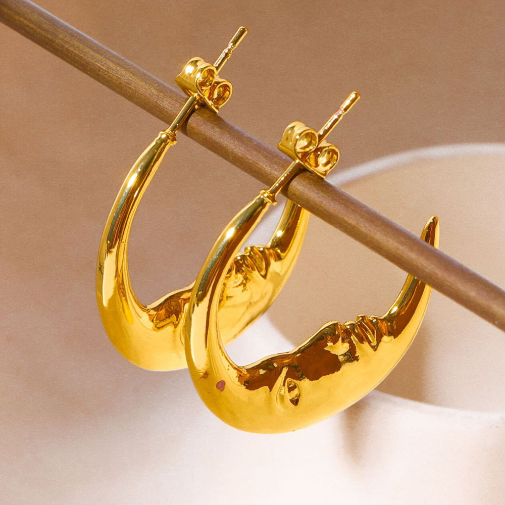 Gold Plated Crescent Moon Face Earrings, Fashion Jewelry AL705