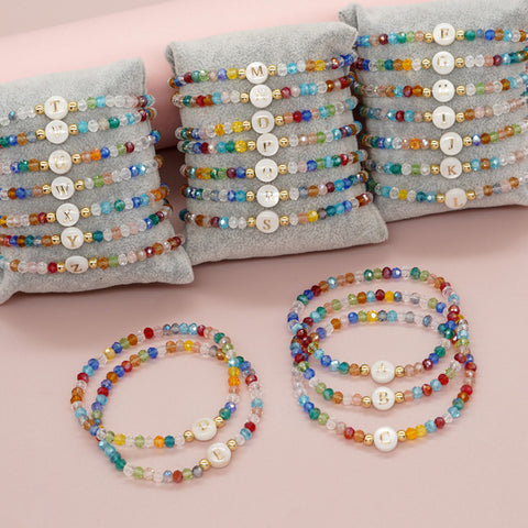 Shambhala Bohemian Rainbow Glass Quartz Beads White Shell Letter Stretch Bracelet, Handmade Boho Jewelry AL743