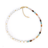 Bohemian Rainbow Natural Stone & Baroque Natural Pearl Beaded Necklace/Bracelet, Titanium Steel Boho Jewelry AL814