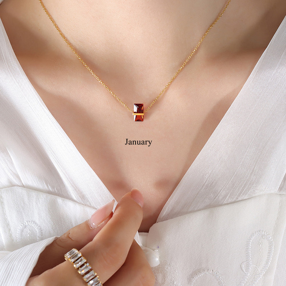 January Birthstone Necklace, 16" Rectangle Necklace Birthstone Necklace, Zircon Necklace, Stainless Steel, Fashion Simple Jewelry AL847