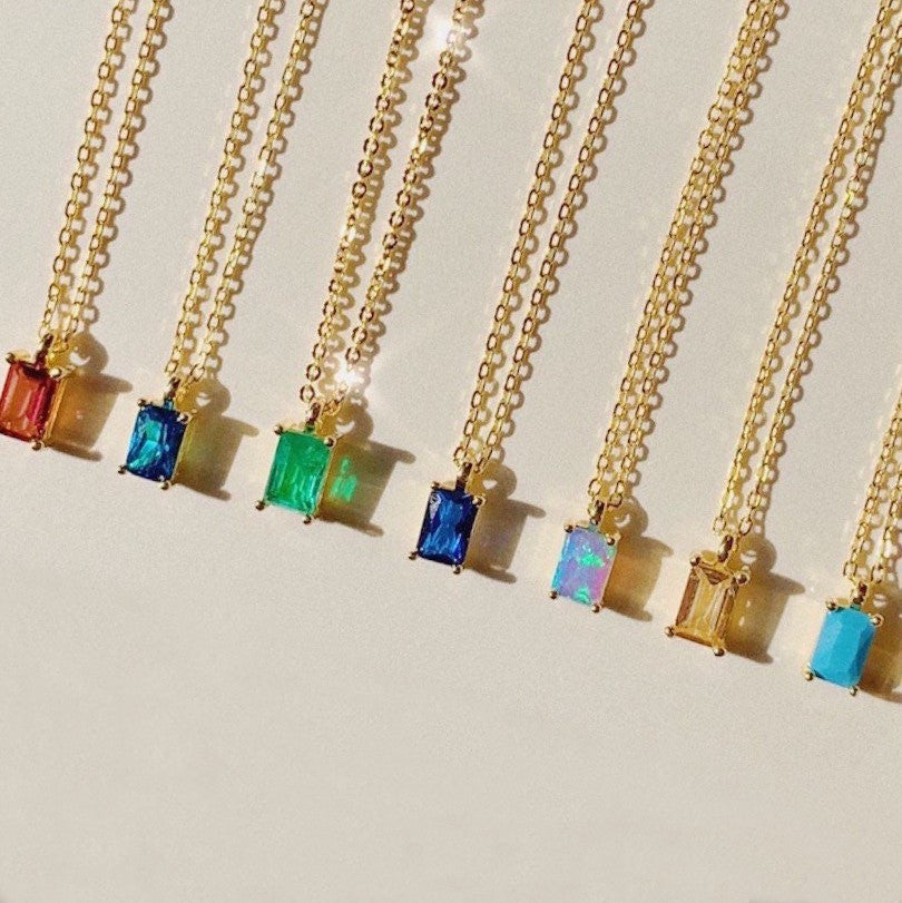 Small Rectangle Birthstone Pendant Necklace, Rainbow Zircon Necklace, Stainless Steel in 18K Gold Plated, Fashion Simple Jewelry AL830