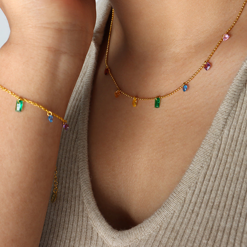 Rainbow Geometry Zircon Bracelet, Titanium Steel CZ Necklace, Girls Friendship Jewelry AL804