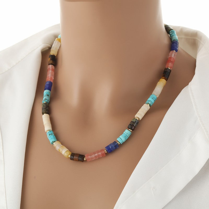 Bohemian Rainbow Natural Stones Crystals Beaded Necklace, Handmade Boho Jewelry AL735