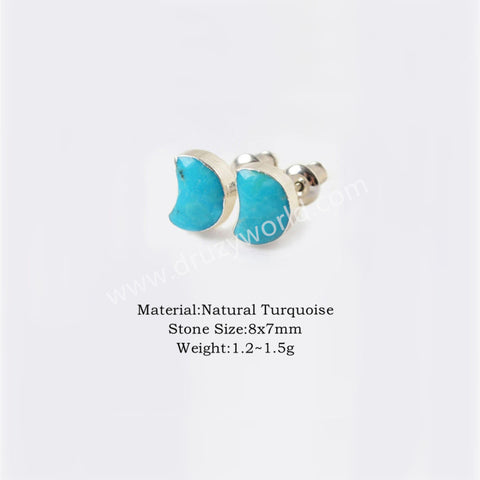 Silver Plated Crescent Moon 8mm Natural Turquoise Stud Earrings, Gemstone Jewelry Moon Studs S1225