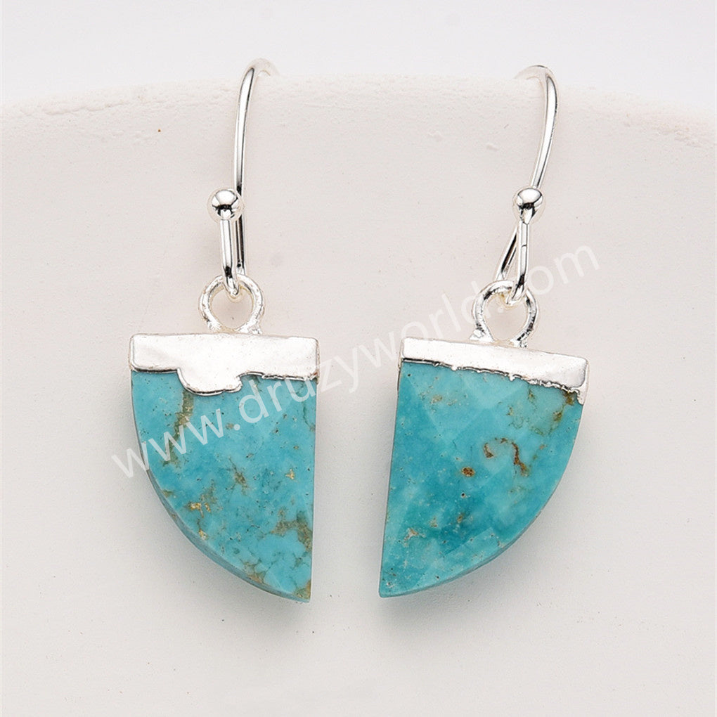 Boho Gemstone Horn Earrings in Silver Plated, Turquoise Faceted Crystal Jewelry Earring S1822-E