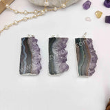 Silver Plated Natural Raw Amethyst Druzy Quartz Slice Pendant, For Jewelry Making S1937