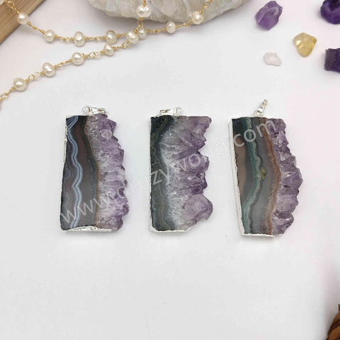 Silver Plated Natural Raw Amethyst Druzy Quartz Slice Pendant, For Jewelry Making S1937