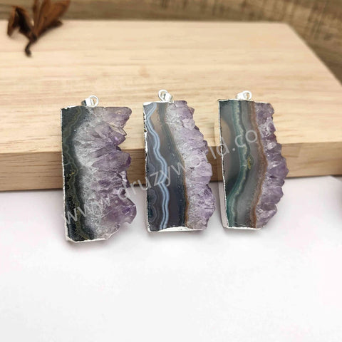 Silver Plated Natural Raw Amethyst Druzy Quartz Slice Pendant, For Jewelry Making S1937