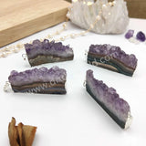 Silver Plated Natural Raw Amethyst Druzy Quartz Slice Pendant, For Jewelry Making S1937